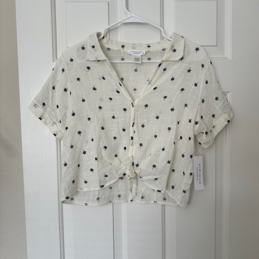 White Button-Up Crop Top with Palm Tree Pattern